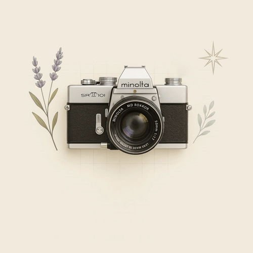 Vintage Minolta camera placed on a textured surface – capturing moments with nostalgic precision