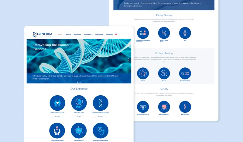 Website design for a Dubai-based genetics and biotechnology company.