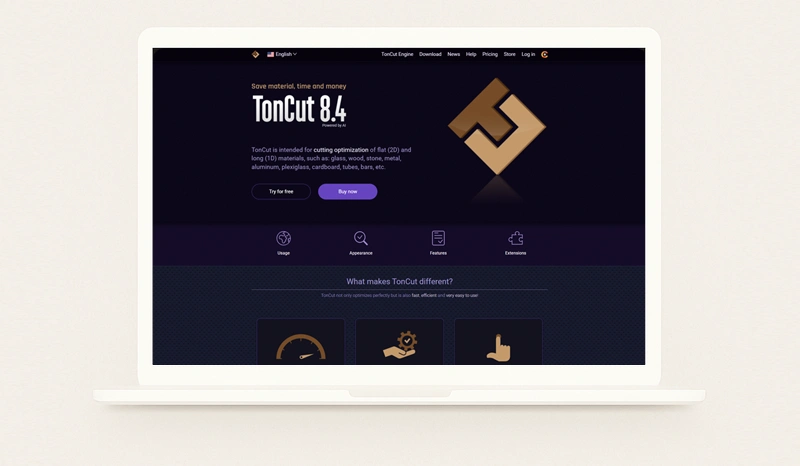 Graphic design for the ToneCut website – a cutting optimization software.