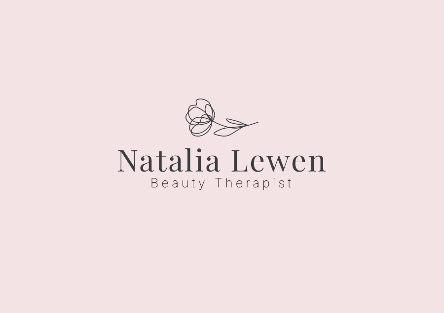 Logo of Natalia Lewen Beauty Therapist – minimalist flower line drawing with elegant typography on a soft pink background