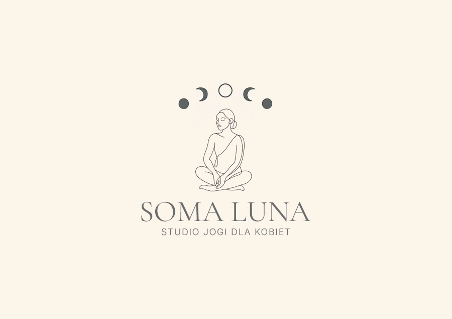 Logo for the women's yoga studio "Soma Luna" – a line drawing of a meditating woman with moon and star elements.