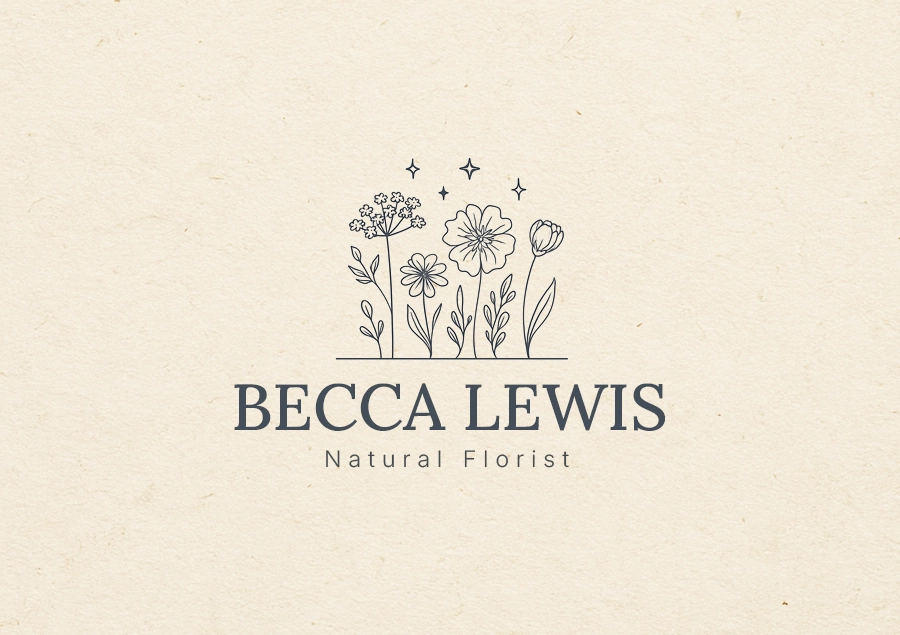 Logo for Becca Lewis – a natural florist. Hand-drawn botanical illustration with wildflowers and stars above elegant serif lettering.