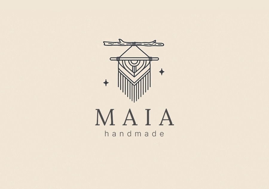 Logo for MAIA handwoven – a minimalist line art of macrame hanging on a rustic branch, with celestial accents and elegant typography.