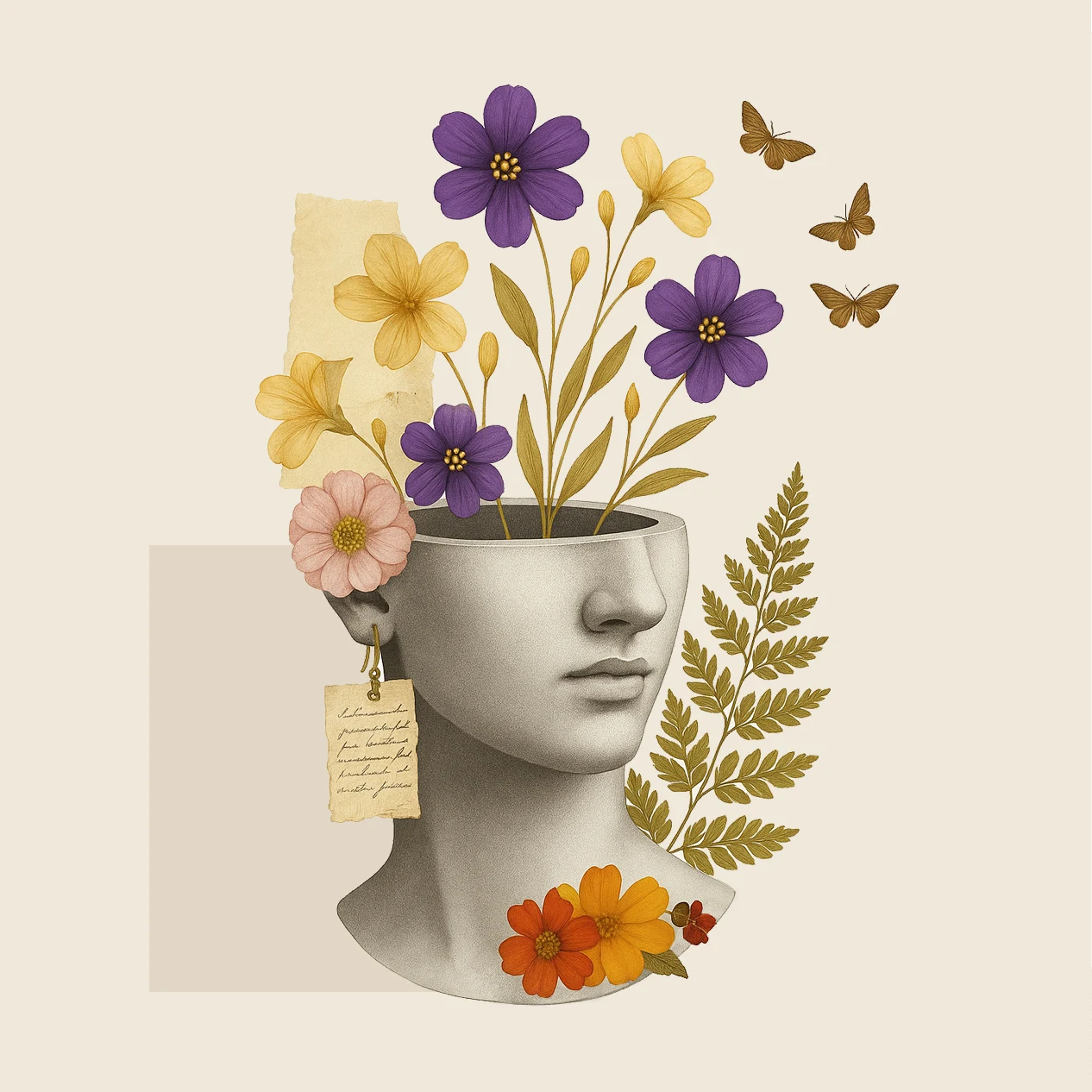 Emotional graphic design collage with classical bust, flowers, botanical elements and textured paper — modern surreal artwork for creative portfolio