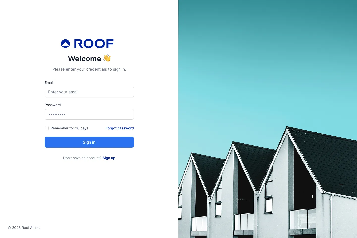 Roof AI login screen with a modern design