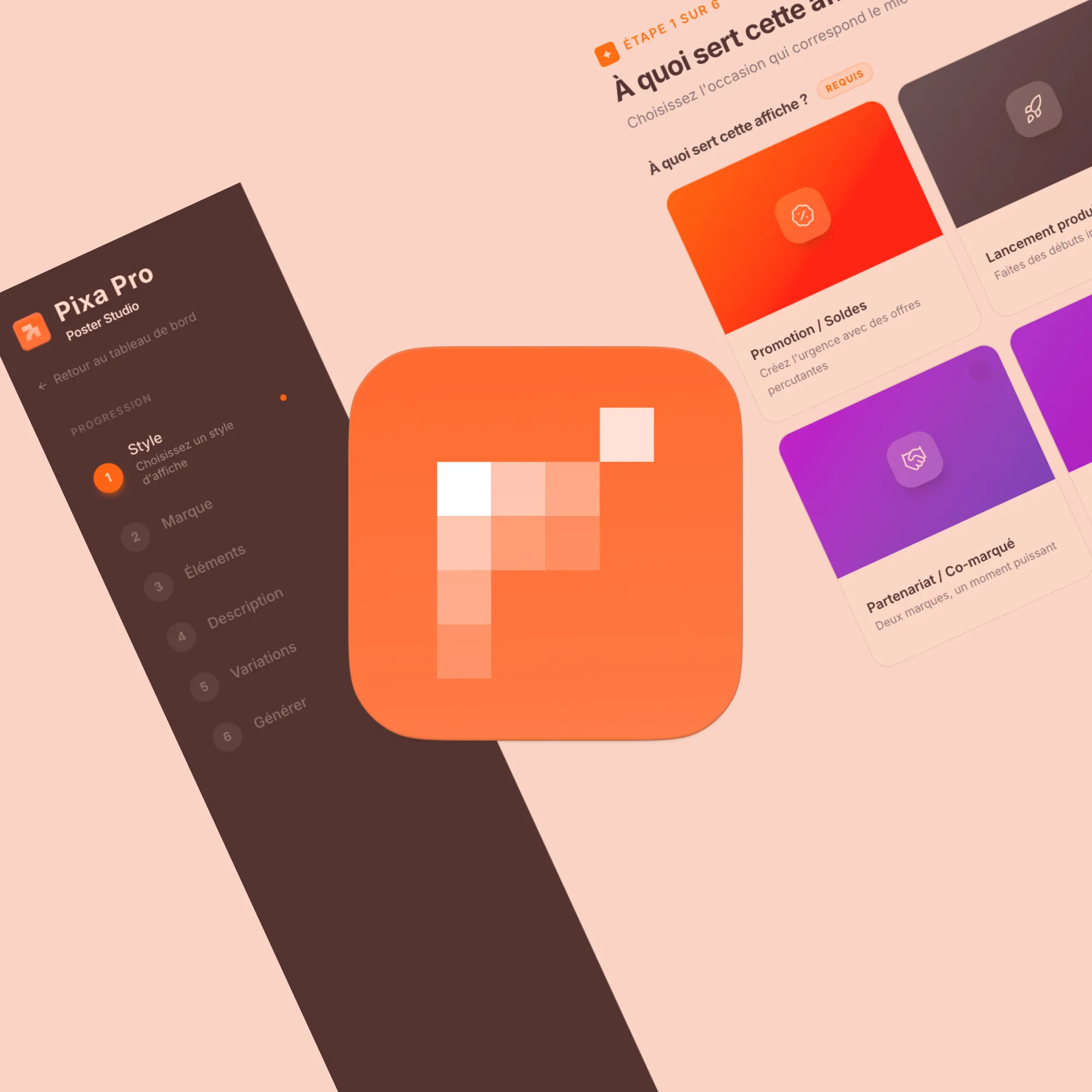 Pixa Pro app interface with menu steps and colorful cards for selecting poster styles and promotions.