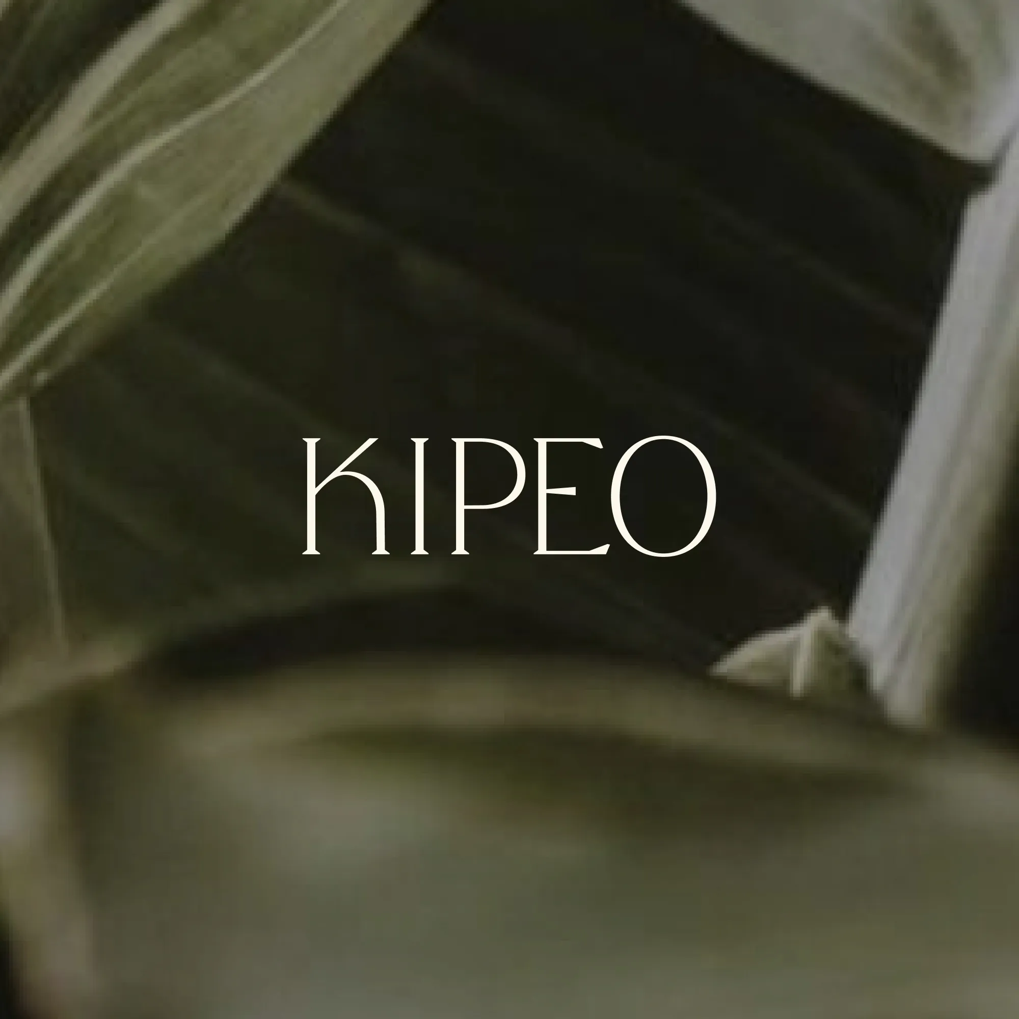Artistic image with the word KIPEO centered over dark and light fabric textures.