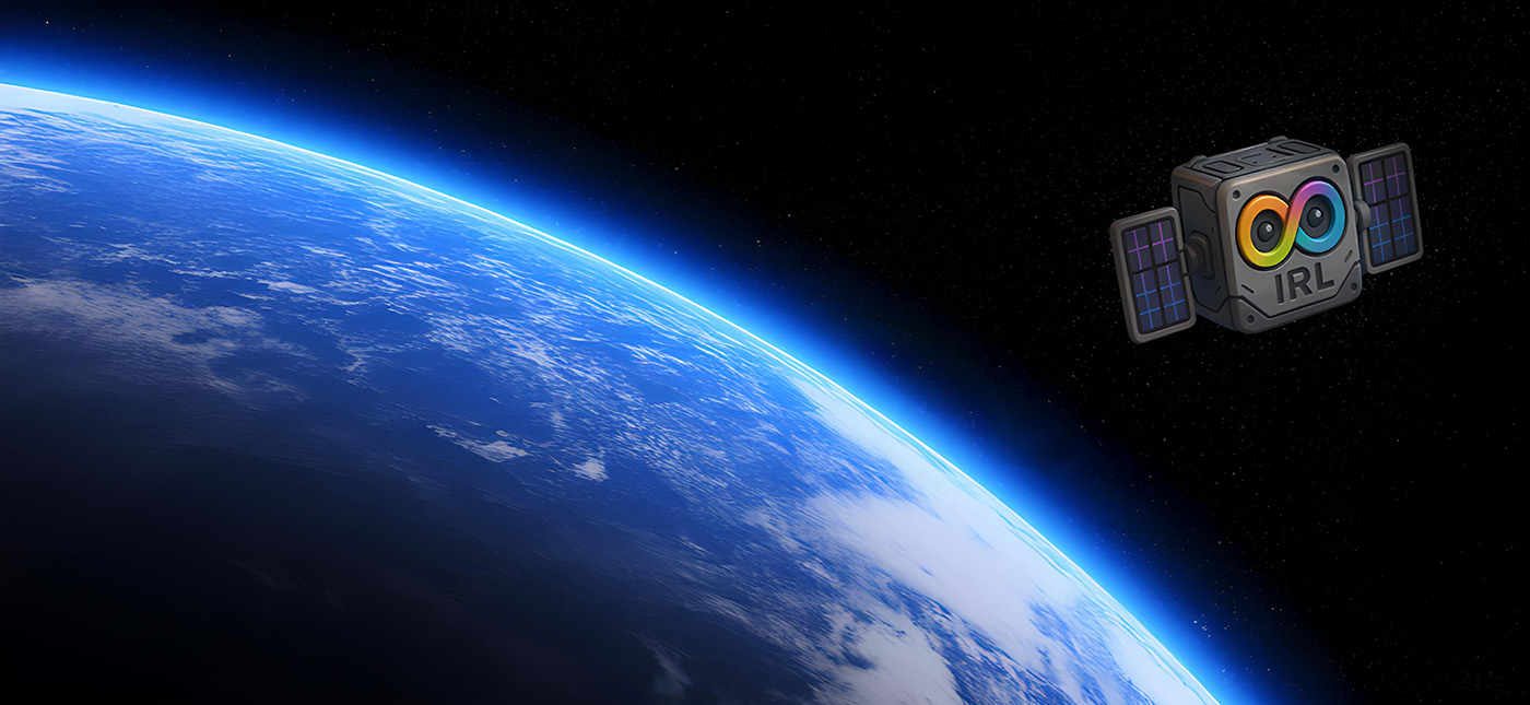 A space background with the surface of the earth and a satellite hovering in orbit