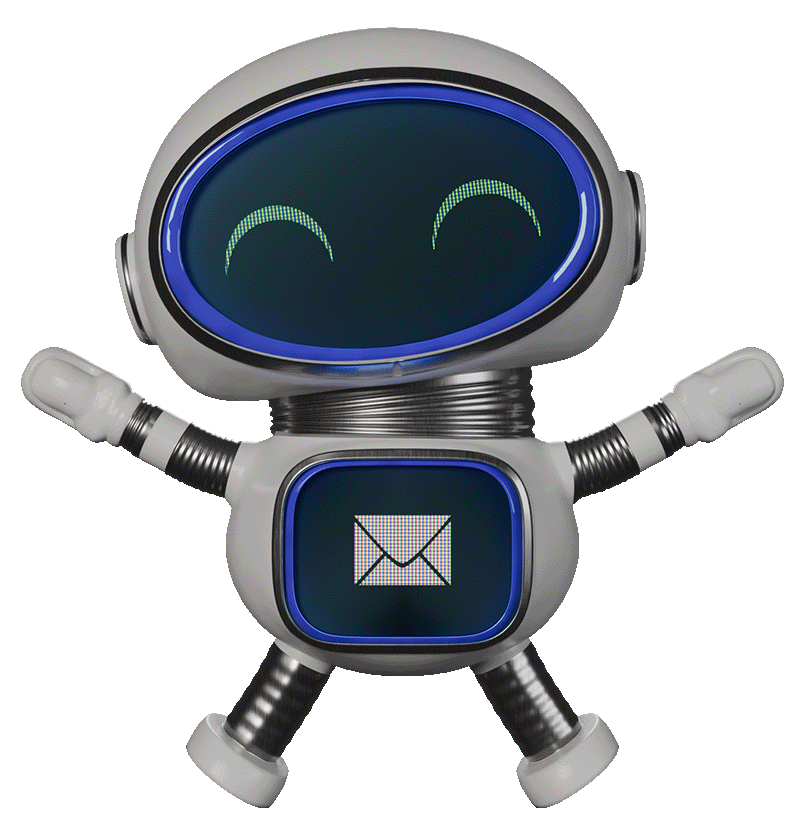 Smiling ELI the robot with a mail icon on its belly