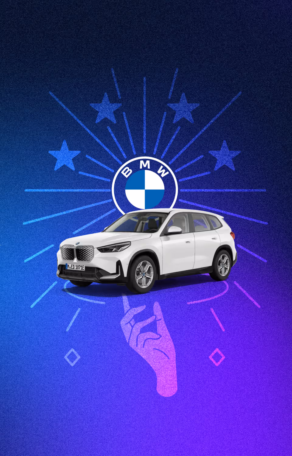 Visual of the BMW Tarot Cars by Achtzehn Grad for BMW Group Branch Vienna, showing a white BMW iX in front of a dark blue-purple gradient with stylized hand and BMW logo in the background