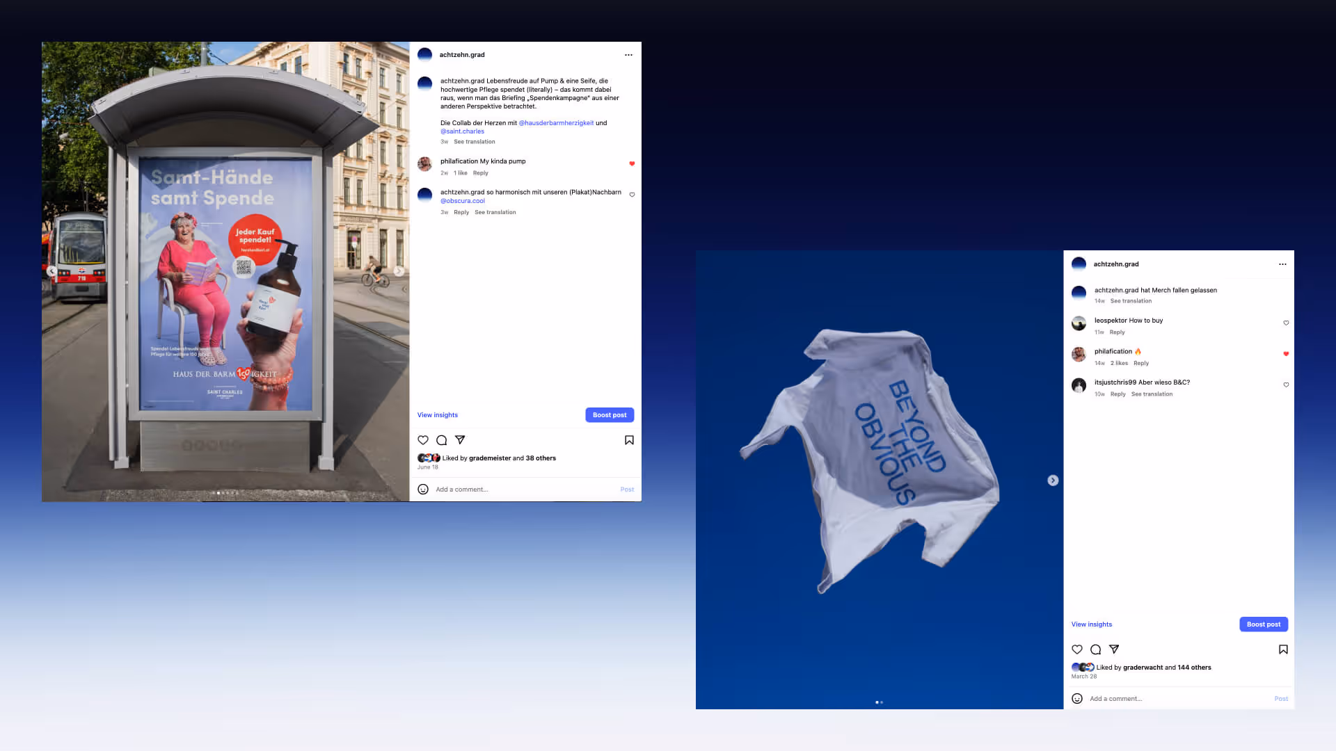 Doppel-Instagram-Post: links Straßenwerbeplakat “Samt-Hände samt Spende” für Haus der Barmherzigkeit, daneben schwebendes weißes T-Shirt mit blauem Schriftzug ‘BEYOND THE OBVIOUS’ vor klarem Himmel.