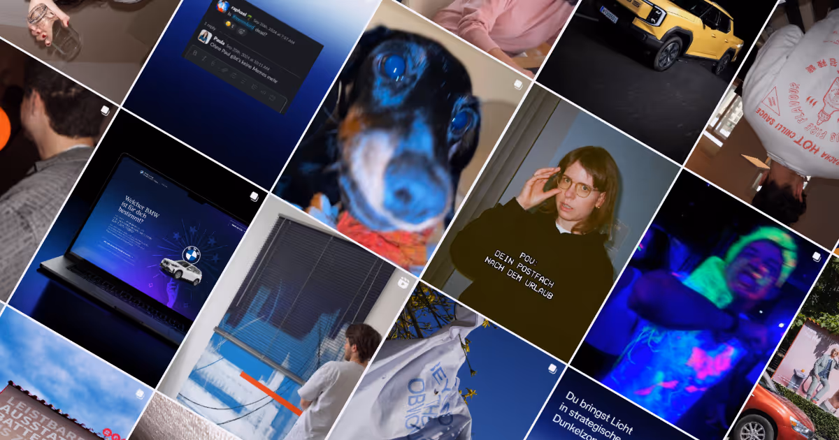 Instagram thumbnails arranged at an angle: Slack meme, dachshund portrait, person with glasses and hoodie, black light dance scene and laptop design with BMW branding.