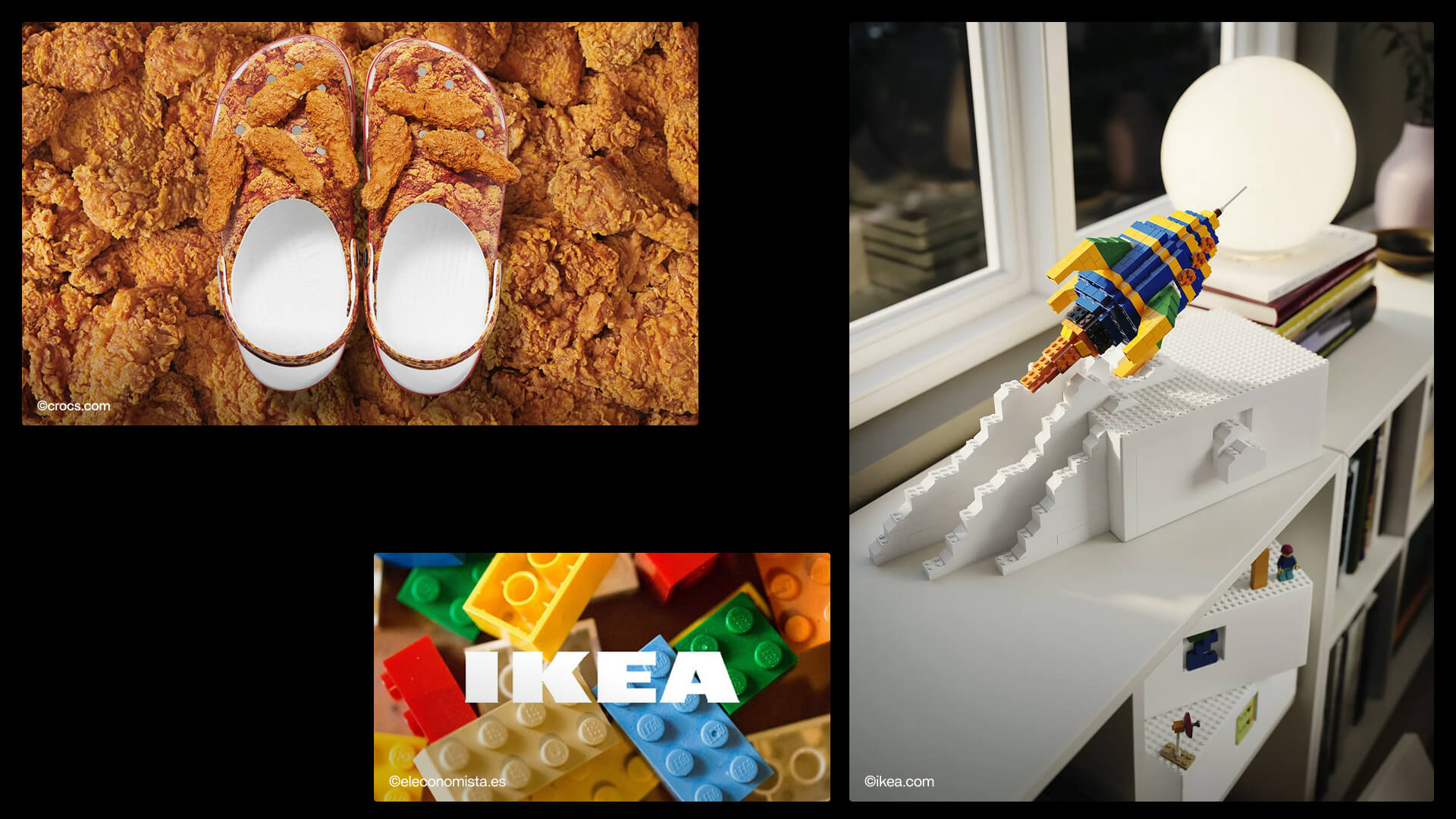 Collage mit Crocs in KFC-Hähnchen-Optik, LEGO-Rakete auf IKEA-Regal und bunten LEGO-Steinen, Branding von Crocs, IKEA und El Economista.