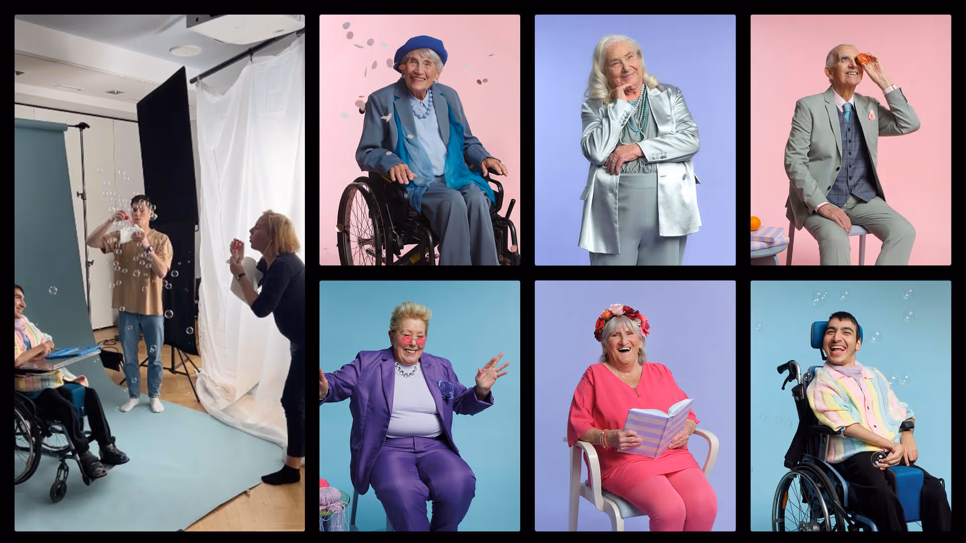 Photo shoot with residents of Haus der Barmherzigkeit as part of the 150th anniversary campaign implemented by Achtzehn Grad, cheerful portraits against colorful backgrounds in blue, pink, and purple.