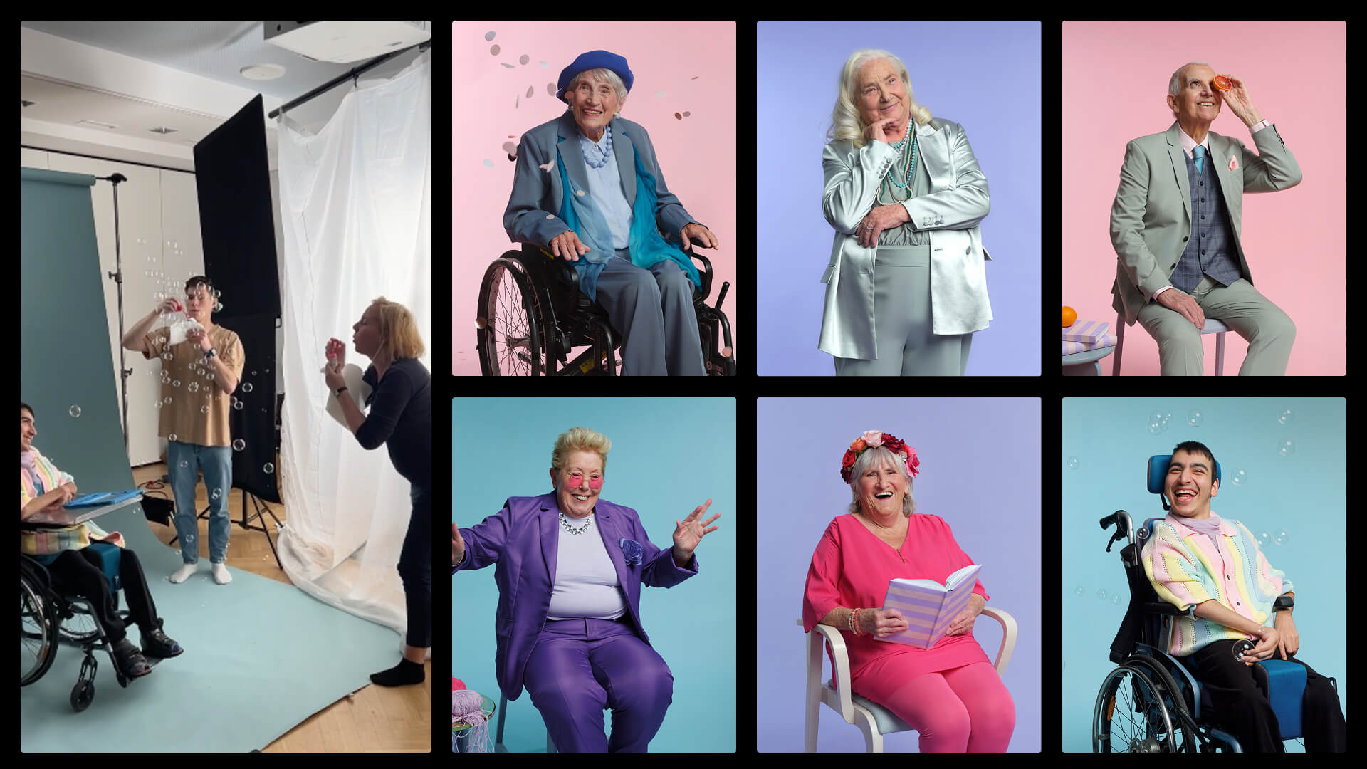 Fotoshooting mit Bewohner*innen des Haus der Barmherzigkeit im Zuge der von Achtzehn Grad umgesetzen 150-Jahre Jubiläumskampagne , fröhliche Porträts vor bunten Hintergründen in Blau, Pink und Lila.