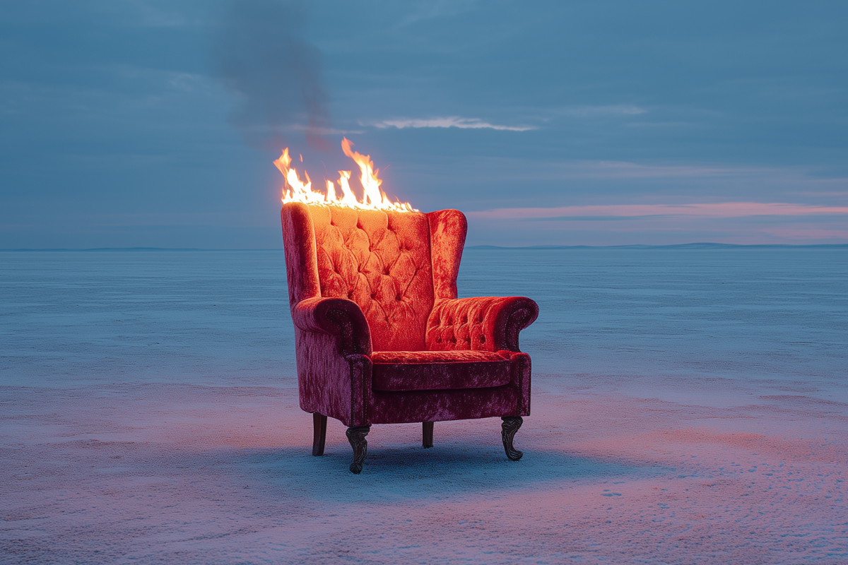 Roter Vintage-Sessel steht allein in einer weiten, blauen Landschaft, während seine Rückenlehne hell brennt – surrealistische Szene mit starkem Farbkontrast