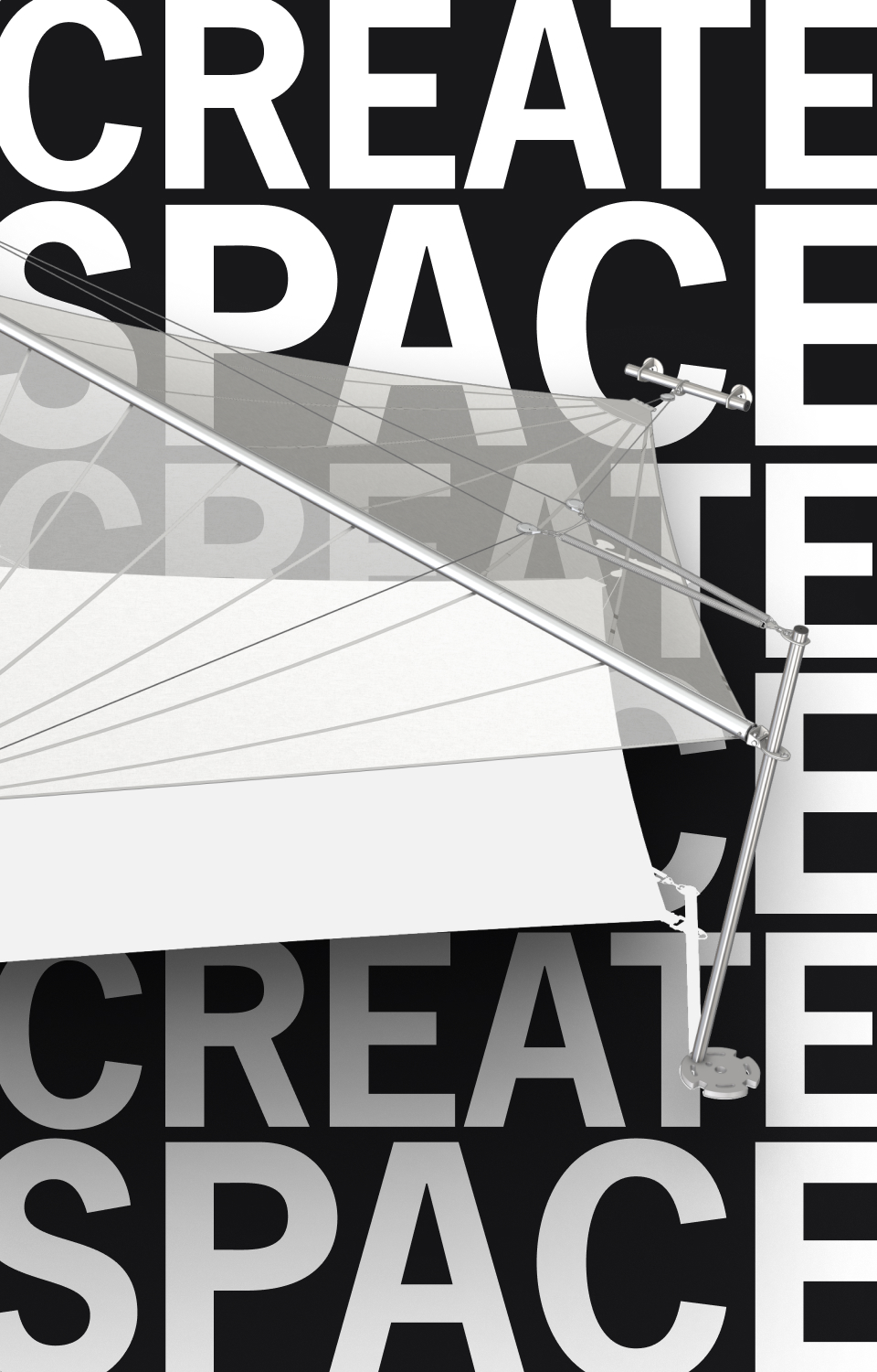 A black-and-white image of a modern, high-tech-looking sun sail or membrane roof set against a large-scale typographic background featuring the repeated text “CREATE SPACE”.