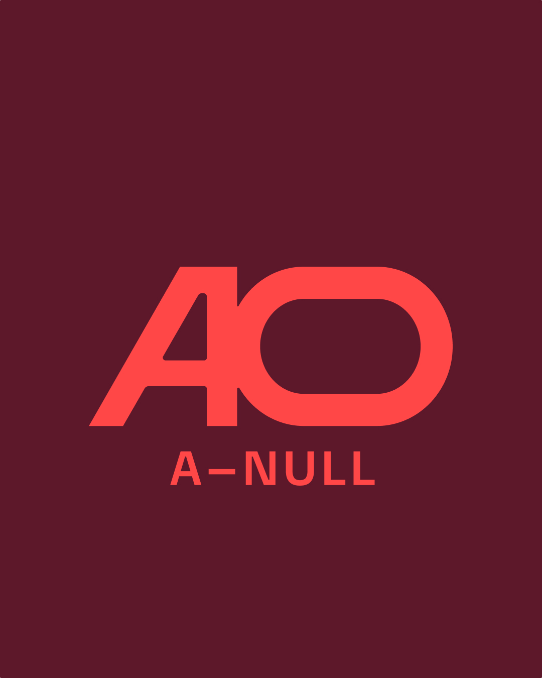 Quadratische Grafik mit dunkelburgunderfarbenem Hintergrund. Im unteren Bereich steht mittig ein großes, korallrotes, stilisiertes „A0“-Logo, darunter der Schriftzug „A-NULL“ in Großbuchstaben.