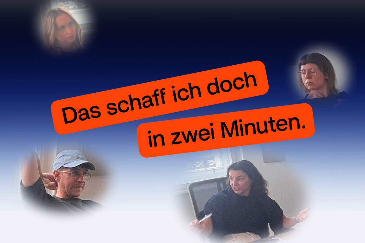 Vorschaubild eines KI-Workshops mit vier Personen in Gesprächssituationen. Zentral steht in orangefarbenen Textfeldern: ‚Das schaff ich doch in zwei Minuten.‘