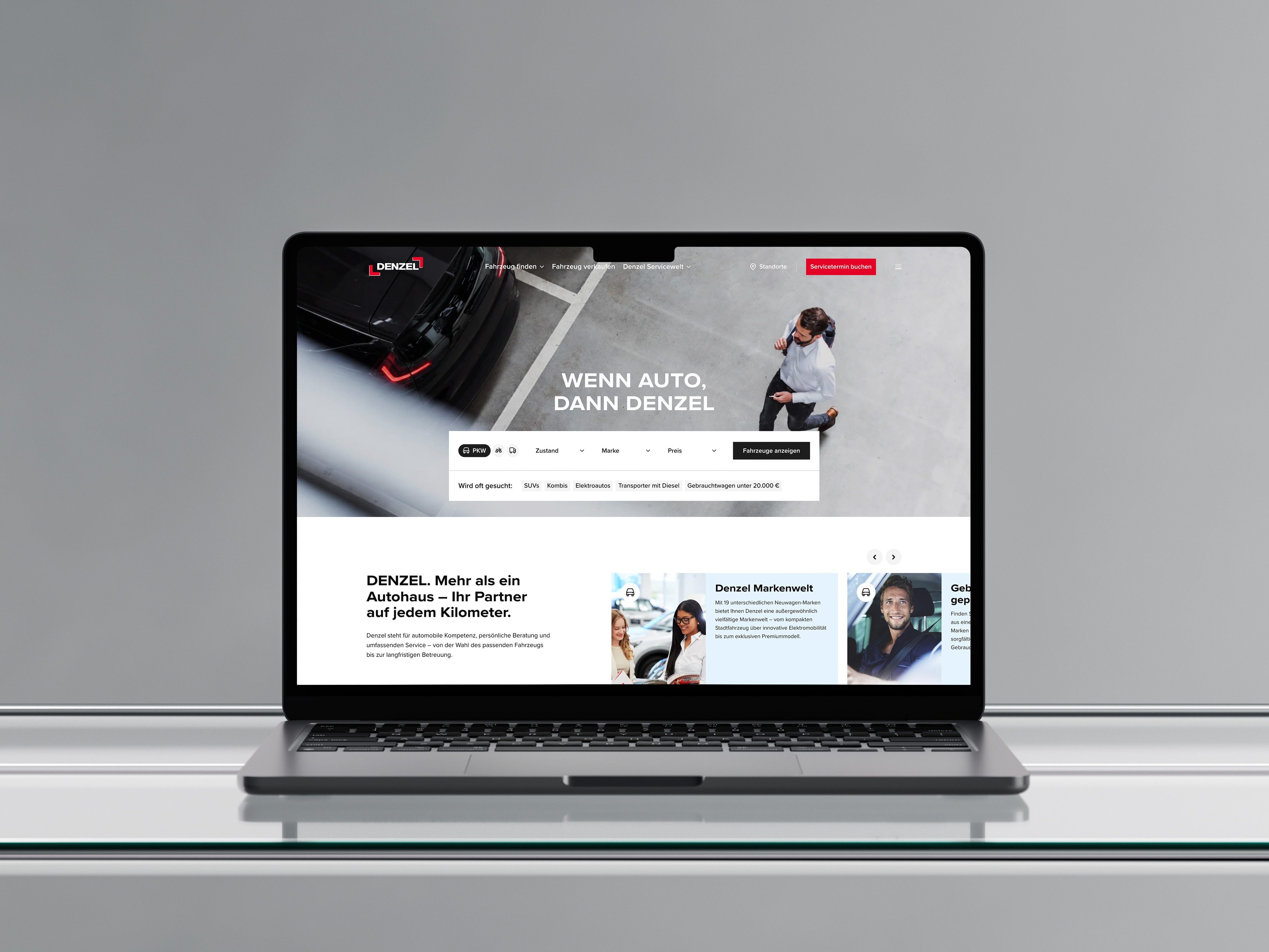 Startseite von denzel.at mit der Headline „Wenn Auto, dann DENZEL“ und der Schnellsuche für Fahrzeuge, dargestellt auf dunklem Hintergrund.