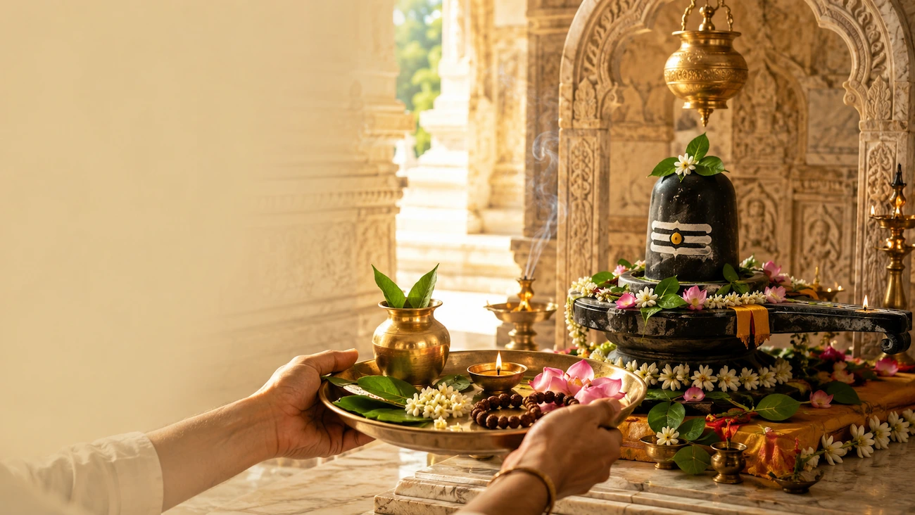 Devotee presenting a sacred offering before a beautifully worshipped Shiva Lingam