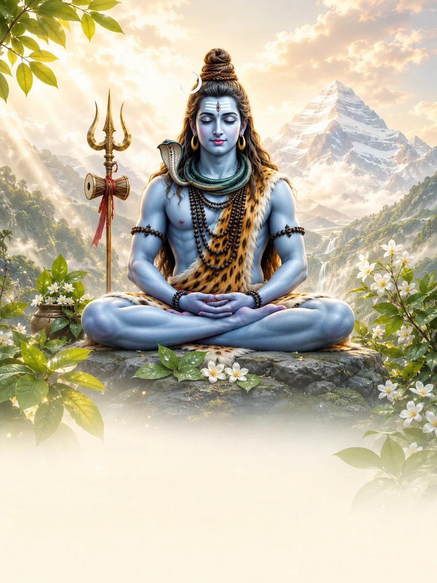 Lord Shiva seated peacefully in meditation before Mount Kailash