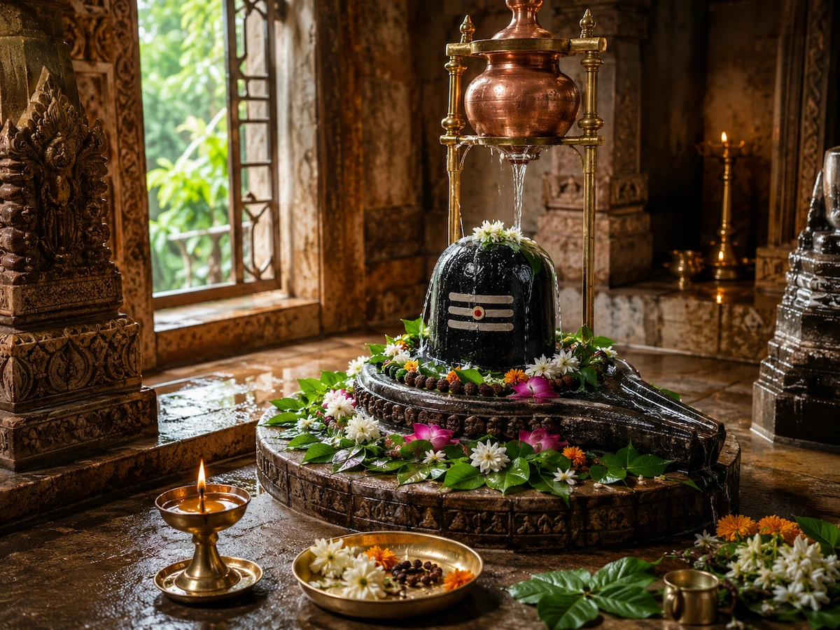 Reverential Shiva Lingam abhishek with bilva leaves, flowers, sacred water, and diya light