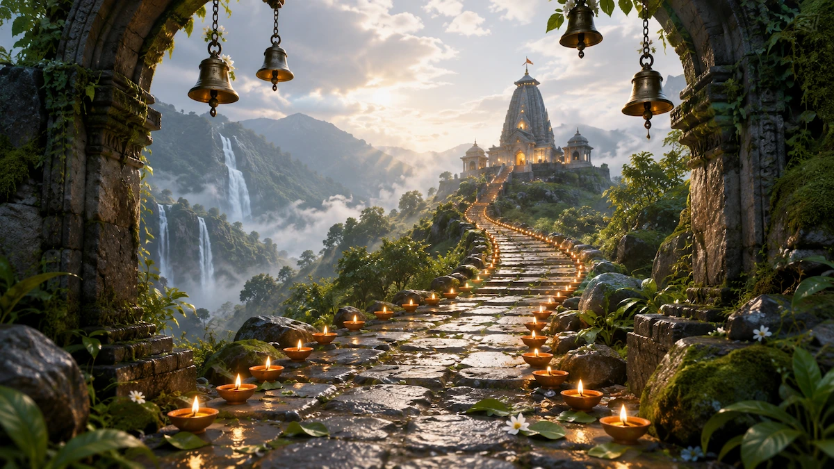 Lamp-lined devotional pathway leading toward a luminous Shiva temple during Shravan Maas