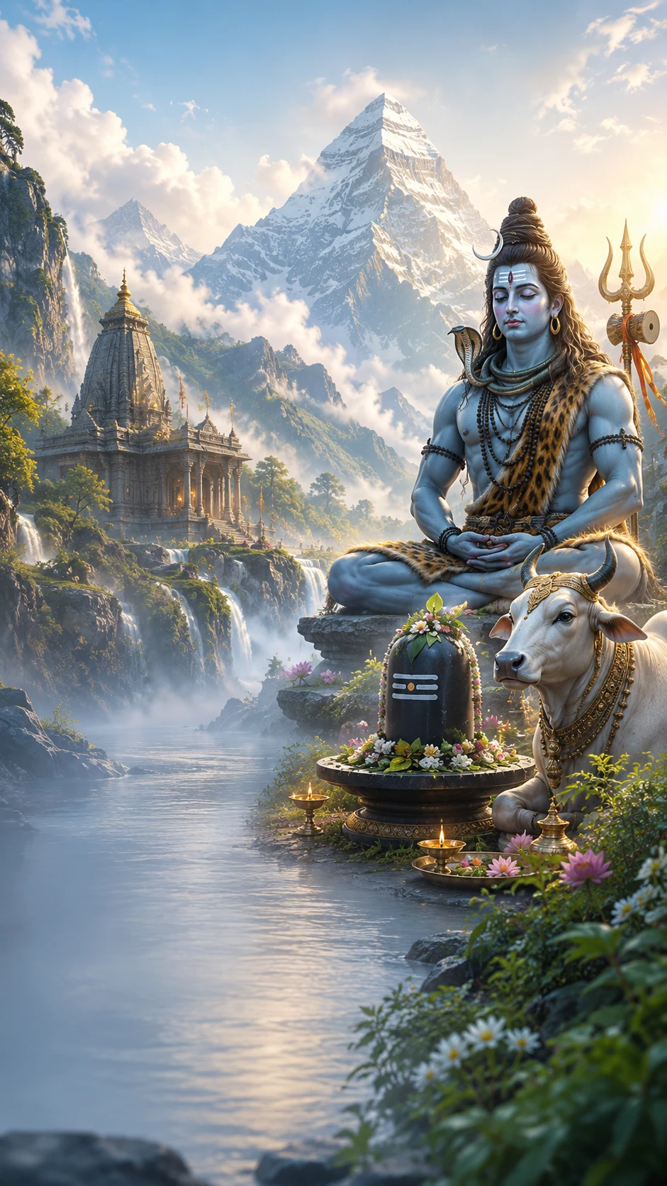 Lord Shiva seated in serene meditation beside the Himalayas, with Nandi and the sacred Shiva Lingam adorned with flowers and lit lamps