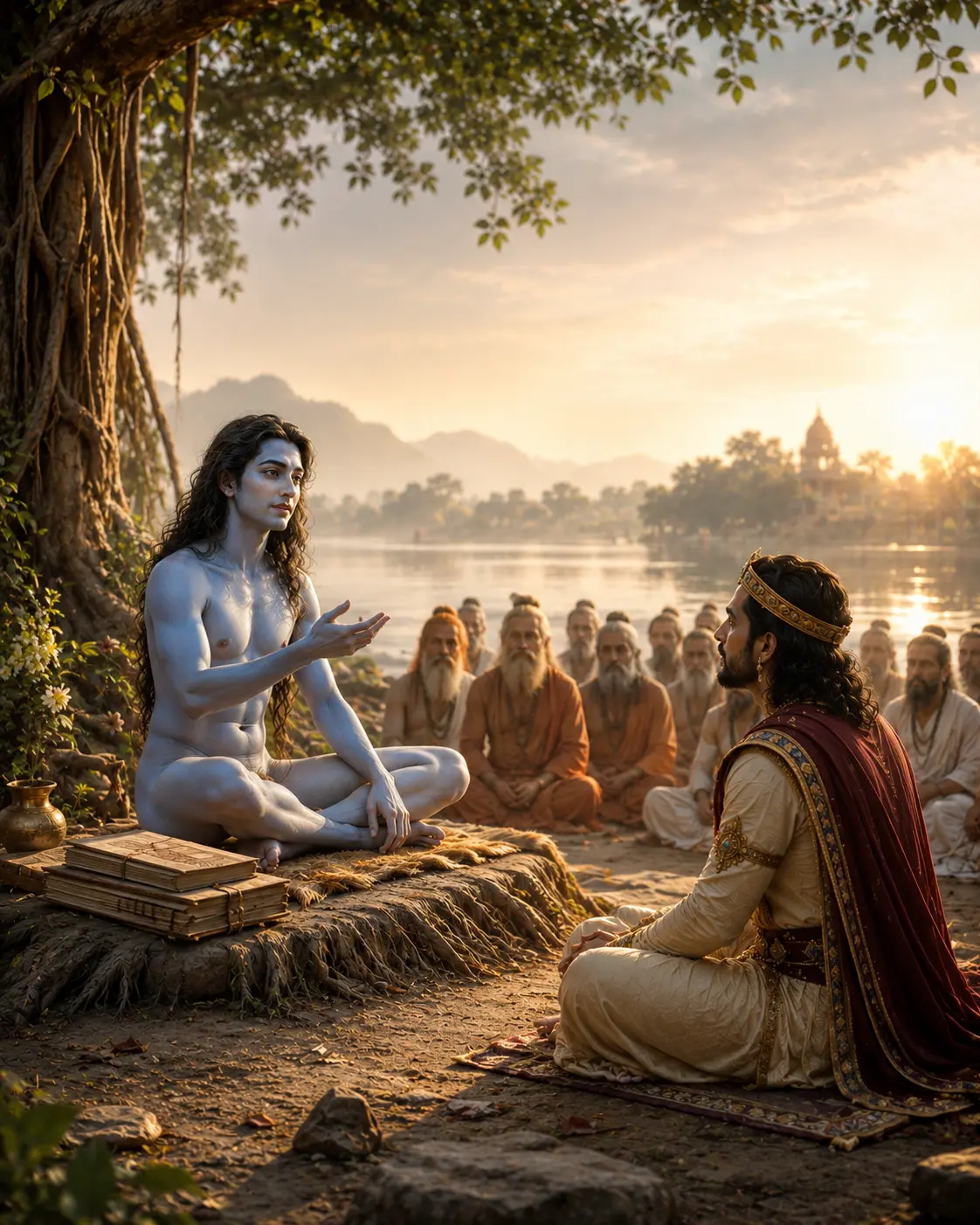 Shukdev Ji narrating the Shreemad Bhagwat to King Parikshit beside the sacred river, listening sages gathered near
