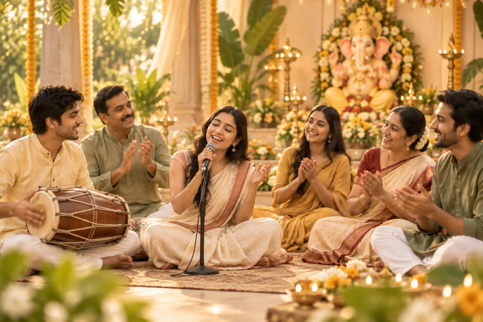 Children joyfully taking part in a sack race game at Ganesh Mahotsav, with the Ganesh idol in the background
