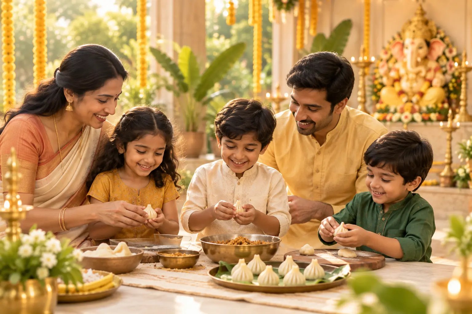 A family preparing modak together during the Ganesh Mahotsav cooking activity