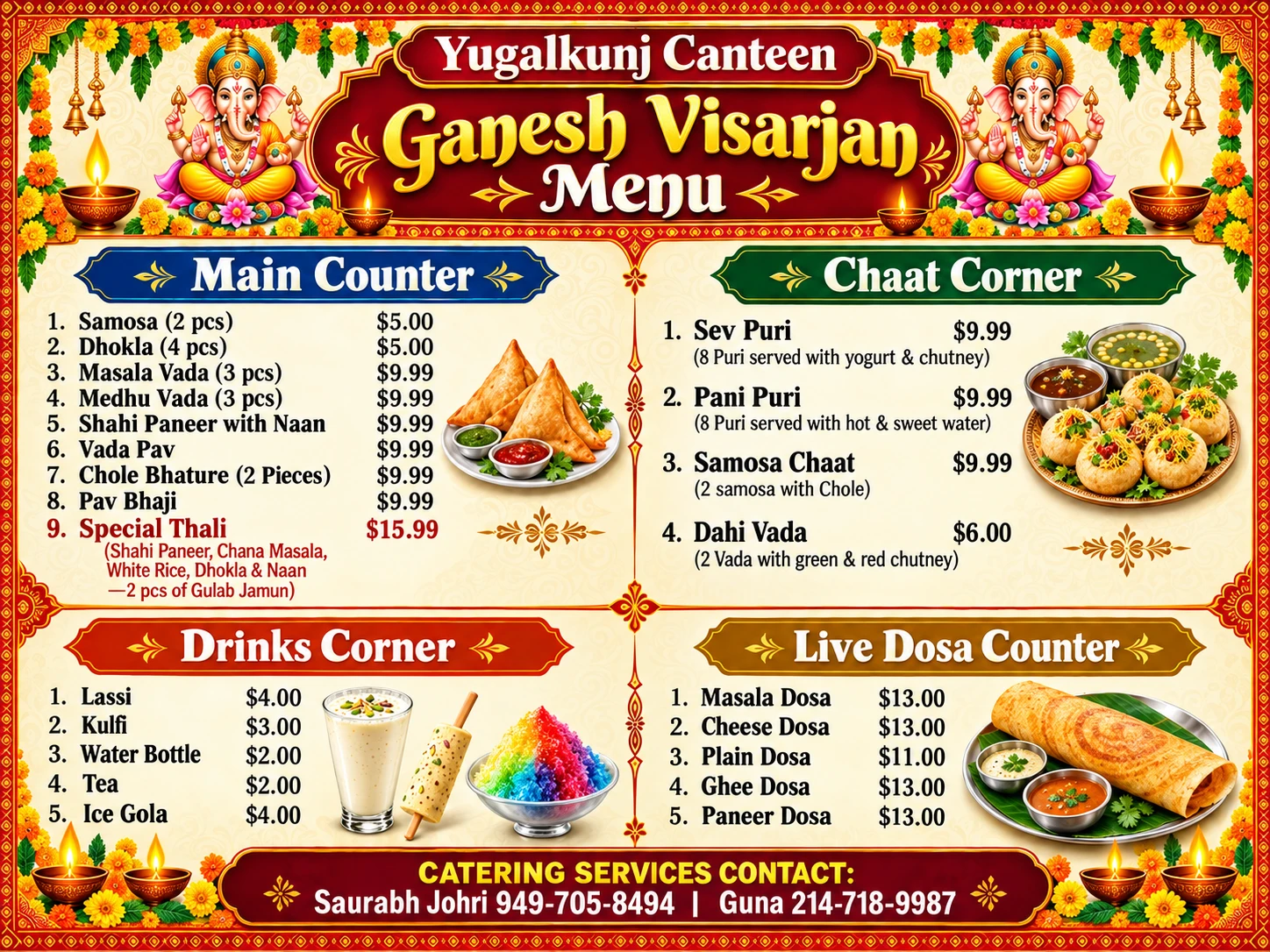 Yugalkunj Canteen Ganesh Visarjan Menu with Main Counter, Chaat Corner, Drinks Corner, Live Dosa Counter and catering contact information.