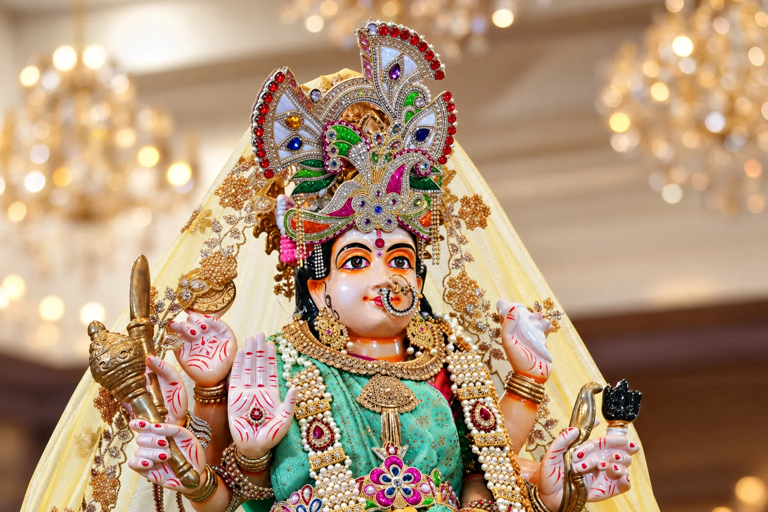 Maa Durga adorned with a jeweled crown, garlands and green attire.