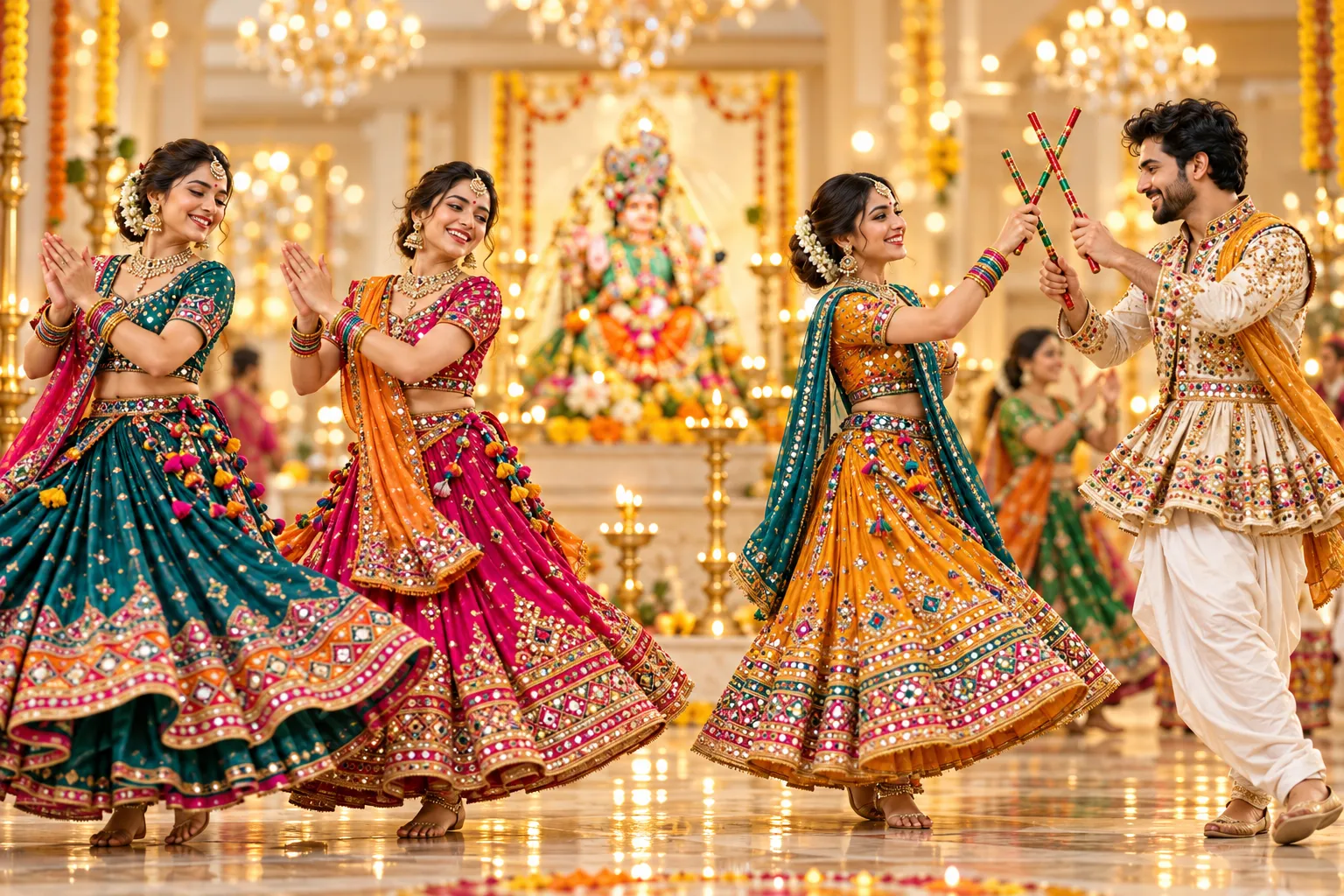 Dancers in colorful traditional clothing celebrating with dandiya sticks in a decorated hall.