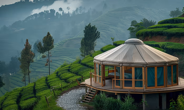Circular wooden yurt on stilts overlooking misty green tea plantation landscape