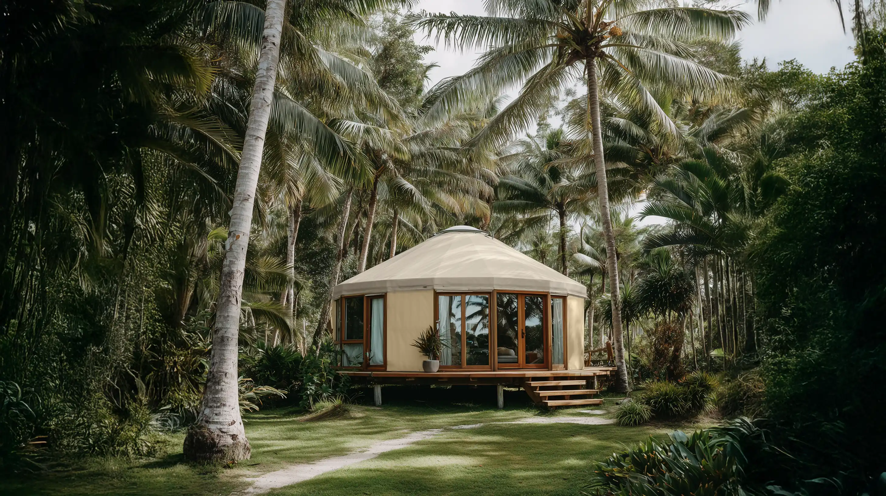 Circular yurt-style cabin nestled among palm trees in tropical garden