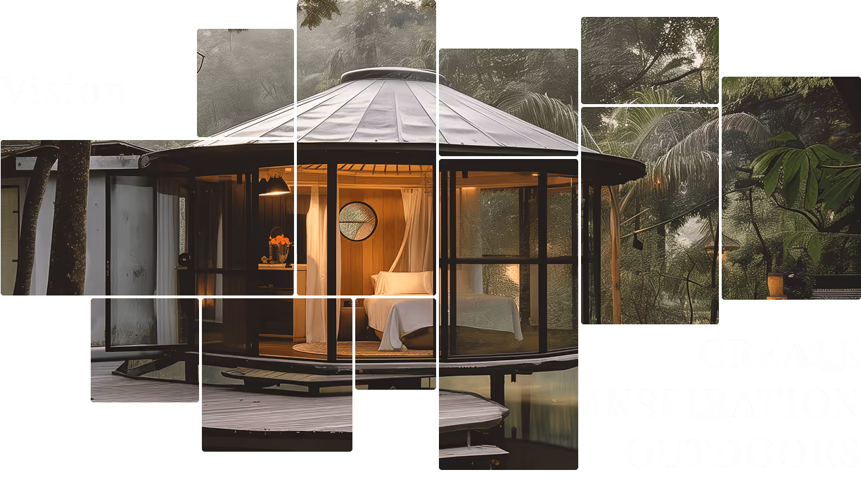 Circular glass room with bed surrounded by lush tropical forest