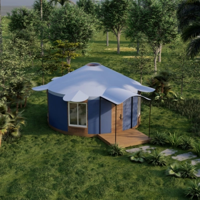 Blue tent-like shelter with wooden deck in lush green forest setting
