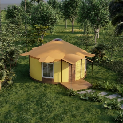 Yellow tent-like small house with unique roof in green forest setting