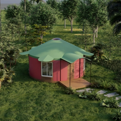 Small colorful hut with green roof nestled in lush forest clearing