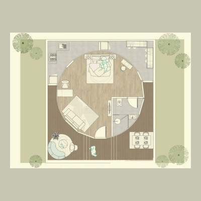 Minimalist floor plan with circular design featuring living spaces and trees