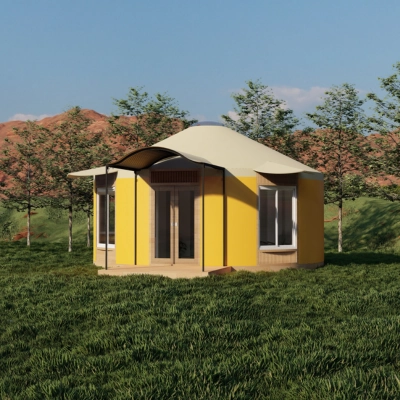 Bright yellow small house with curved roof in grassy landscape with trees