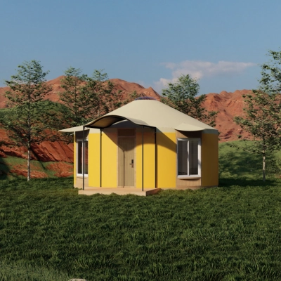 Bright yellow small house with curved roof in rocky mountain landscape