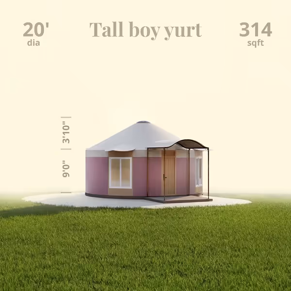 Pink and white tall boy yurt with dimensions on grassy background