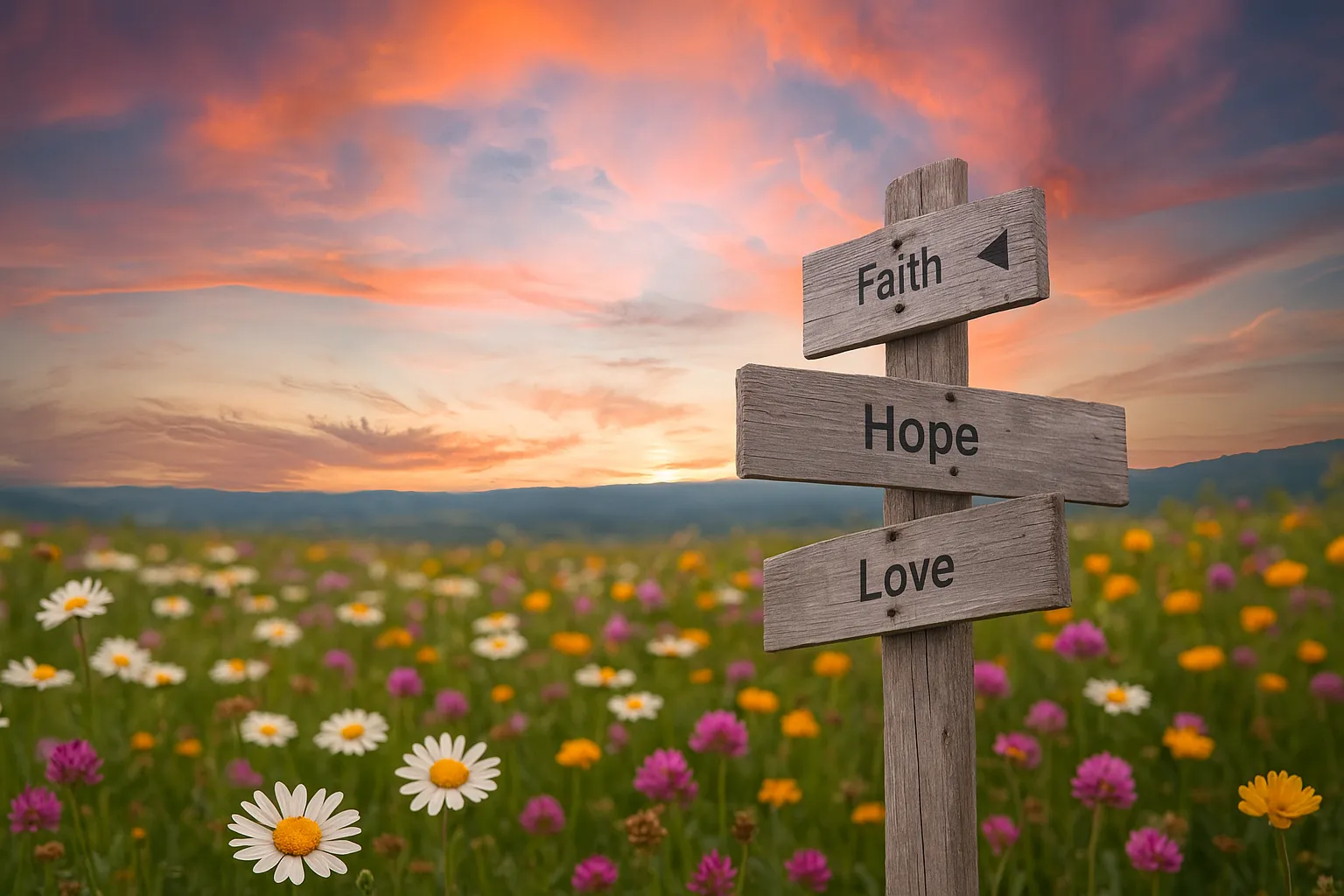 Faith Hope Love sign in field of flowers