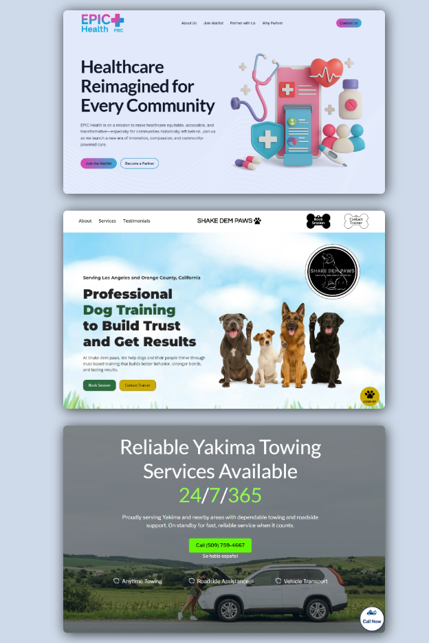 Three examples of one page websites built by Graceful Web Studio. EPIC Health PBC, Shake Dem Paws and Aguilars Towing