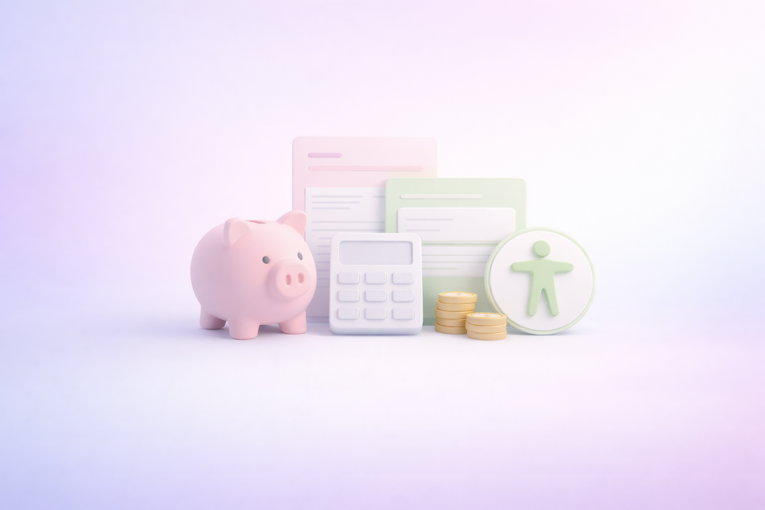 Pink piggy bank, white calculator, stacked gold coins, documents, and an accessibility symbol for Graceful Web Studio accessibility services and IRS tax credit.