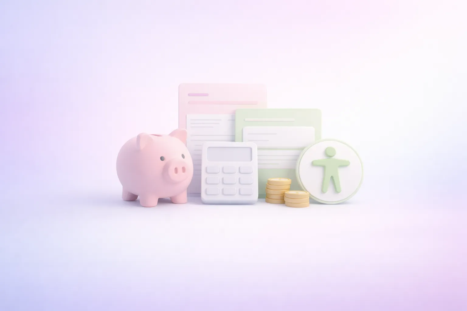 Pink piggy bank, white calculator, stacked gold coins, documents, and an accessibility symbol for Graceful Web Studio accessibility services and IRS tax credit.