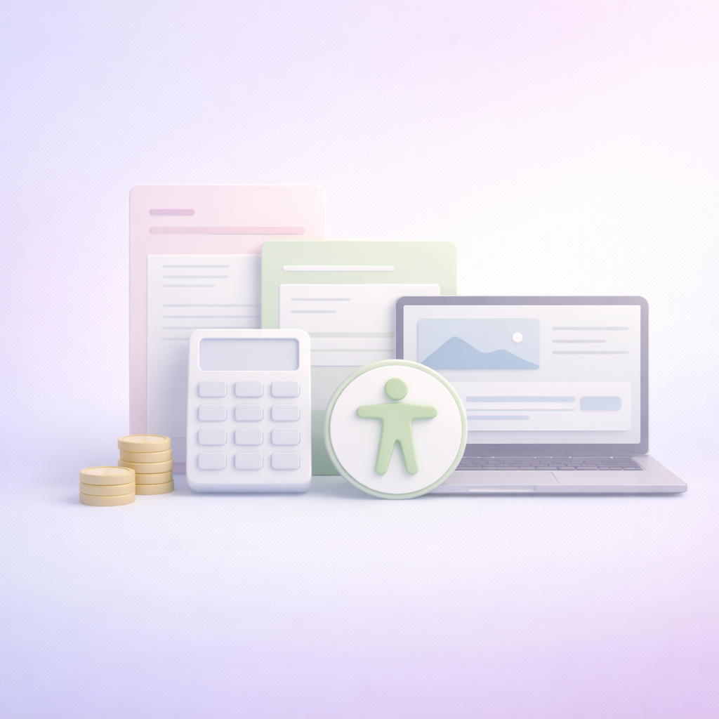 Calculator, coins, documents, accessibility symbol, and laptop with webpage for Graceful Web Studio accessibility services and IRS tax credit.